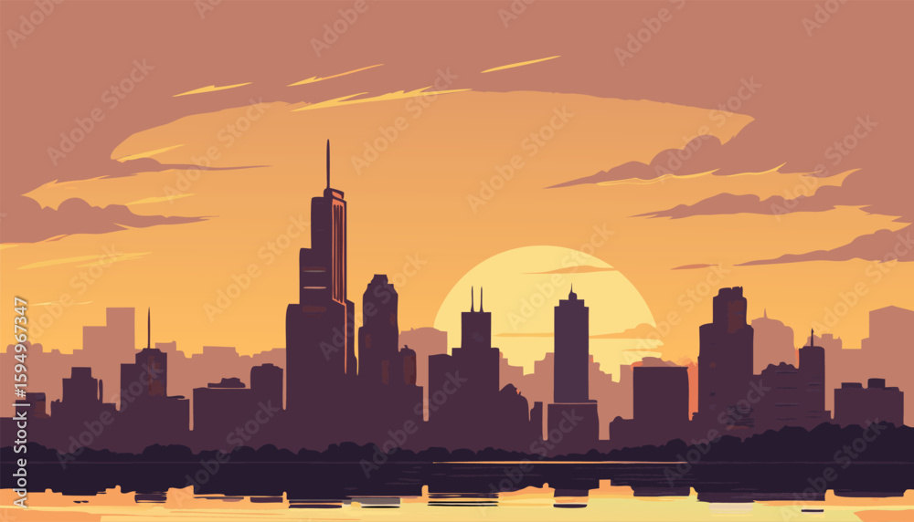 Obraz premium Vector Silhouette of Modern Cityscape in Golden Hour