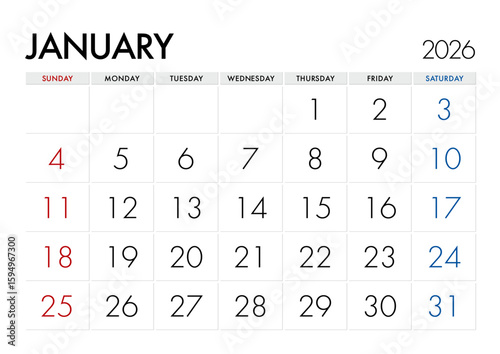 2026年1月のカレンダー日曜始まり 日本の祝日表記無し