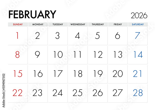 2026年2月のカレンダー日曜始まり 日本の祝日表記無し
