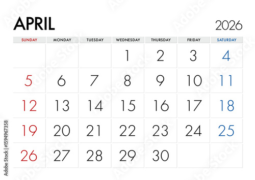 2026年4月のカレンダー日曜始まり 日本の祝日表記無し