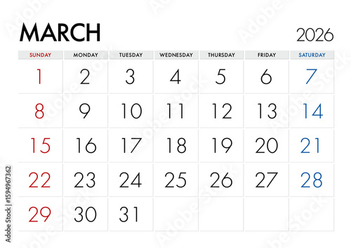 2026年3月のカレンダー日曜始まり 日本の祝日表記無し