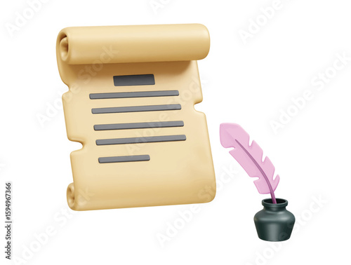Ink feather with vintage scroll paper icon 3d illustration rendering