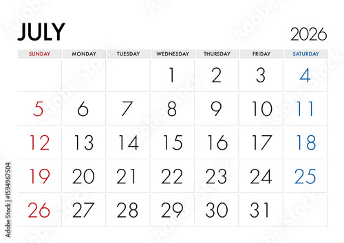 2026年7月のカレンダー日曜始まり 日本の祝日表記無し