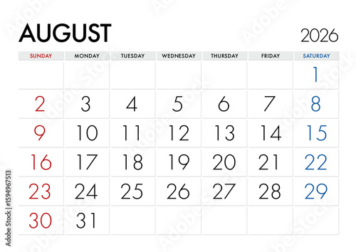 2026年8月のカレンダー日曜始まり 日本の祝日表記無し