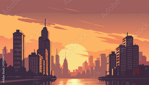 Vector Silhouette of Modern Cityscape in Golden Hour