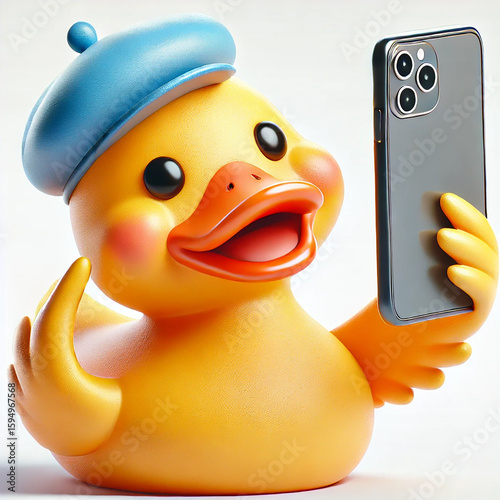 Yellow rubber duck taking a selfie, yellow bath duck with a blue beret, phone, alpine hat