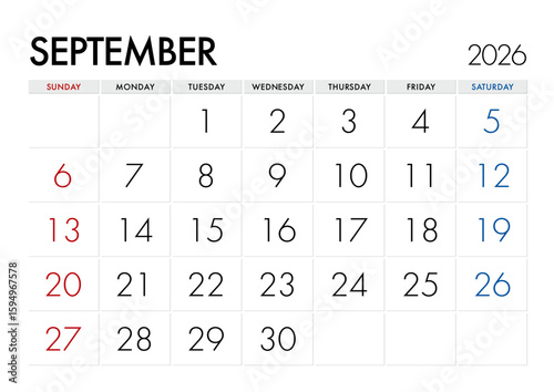 2026年9月のカレンダー日曜始まり 日本の祝日表記無し