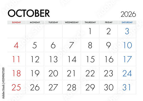 2026年10月のカレンダー日曜始まり 日本の祝日表記無し