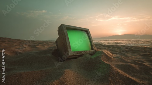 Fototapeta Naklejka Na Ścianę i Meble -  Vintage CRT monitor on sandy beach at sunset