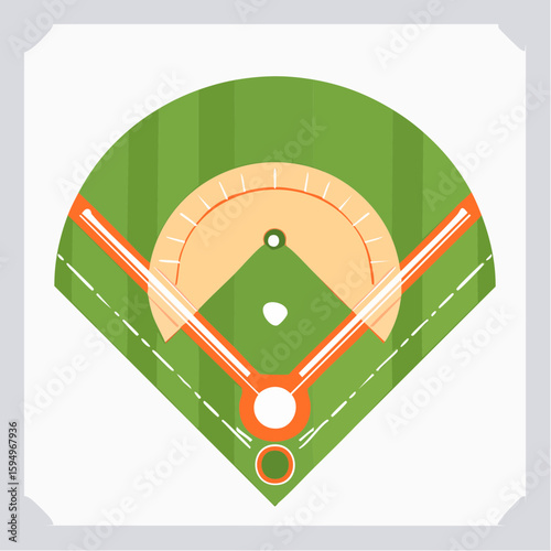 Baseball Field View: A vibrant, geometric depiction of a baseball field, rendered in a clean and modern style, focusing on its key elements. 