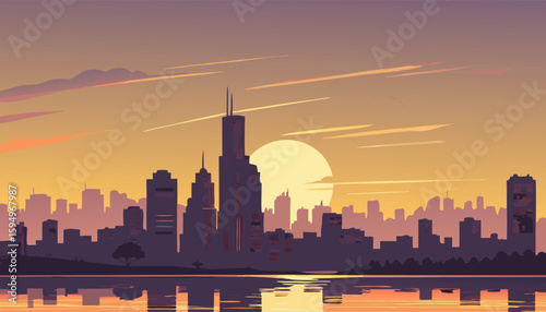 Vector Silhouette of Modern Cityscape in Golden Hour