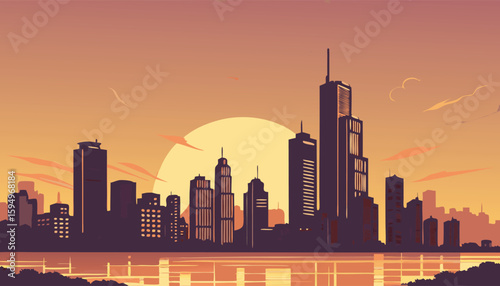 Vector Silhouette of Modern Cityscape in Golden Hour
