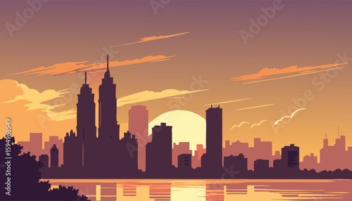 Vector Silhouette of Modern Cityscape in Golden Hour