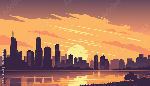 Urban City Skyline at Sunset with Water Reflection