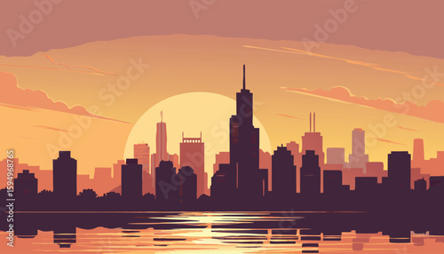 Vector Silhouette of Modern Cityscape in Golden Hour