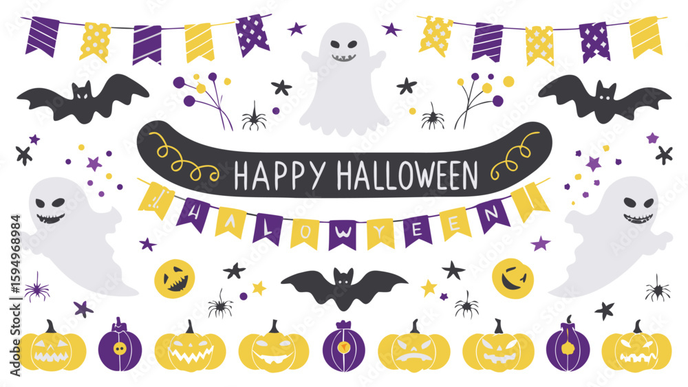 Fototapeta premium Illustration of halloween elements featuring ghosts, bats, pumpkins and a happy halloween banner