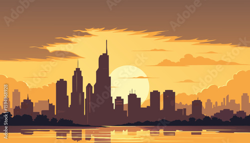 Vector Silhouette of Modern Cityscape in Golden Hour