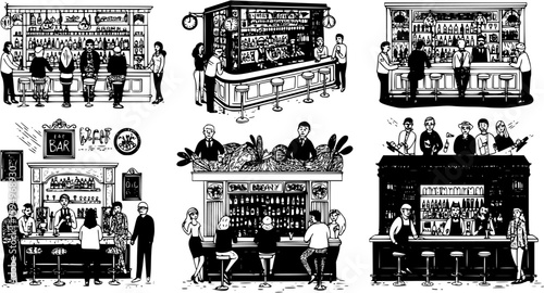 Silhouetted people mingling and enjoying drinks at a stylish bar 