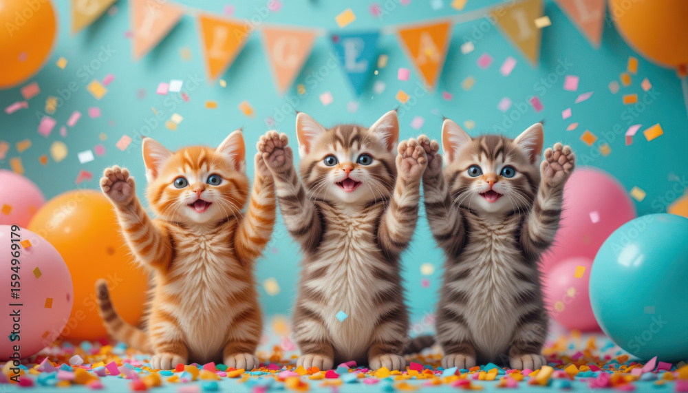 Fototapeta premium Happy Kittens Celebrating with Colorful Confetti and Party Balloons