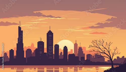 Vector Silhouette of Modern Cityscape in Golden Hour