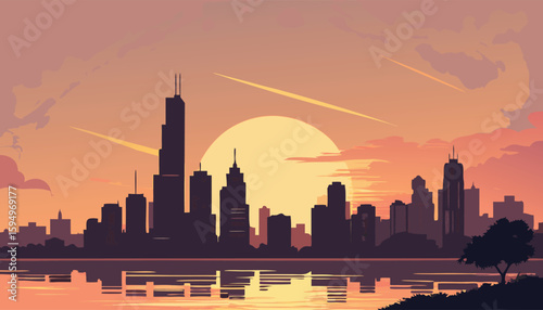 Vector Silhouette of Modern Cityscape in Golden Hour