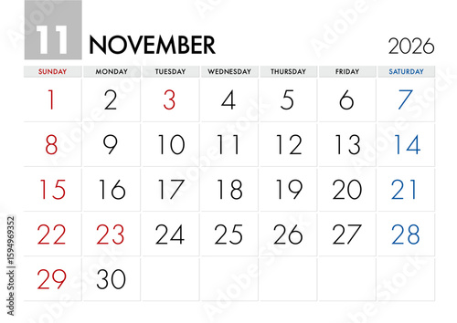 2026年11月のカレンダー日曜始まり 