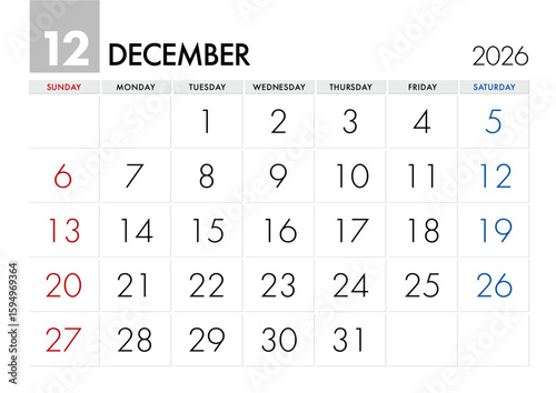 2026年12月のカレンダー日曜始まり