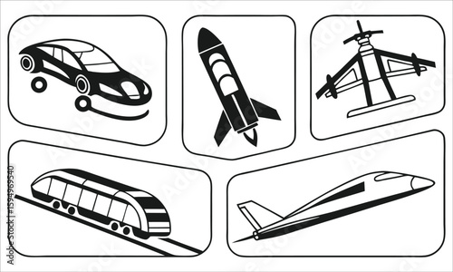 Transportation icons car rocket helicopter train airplane