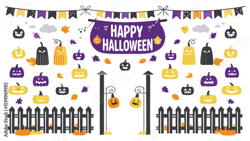 A festive halloween scene with pumpkins, ghosts, a banner, and a picket fence is displayed here