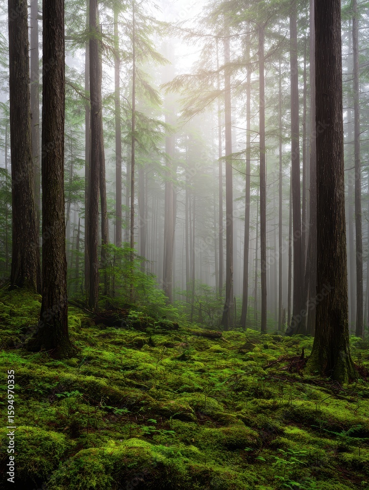 Fototapeta premium Misty forest landscape with tall trees and lush green moss covering the ground, serene atmosphere