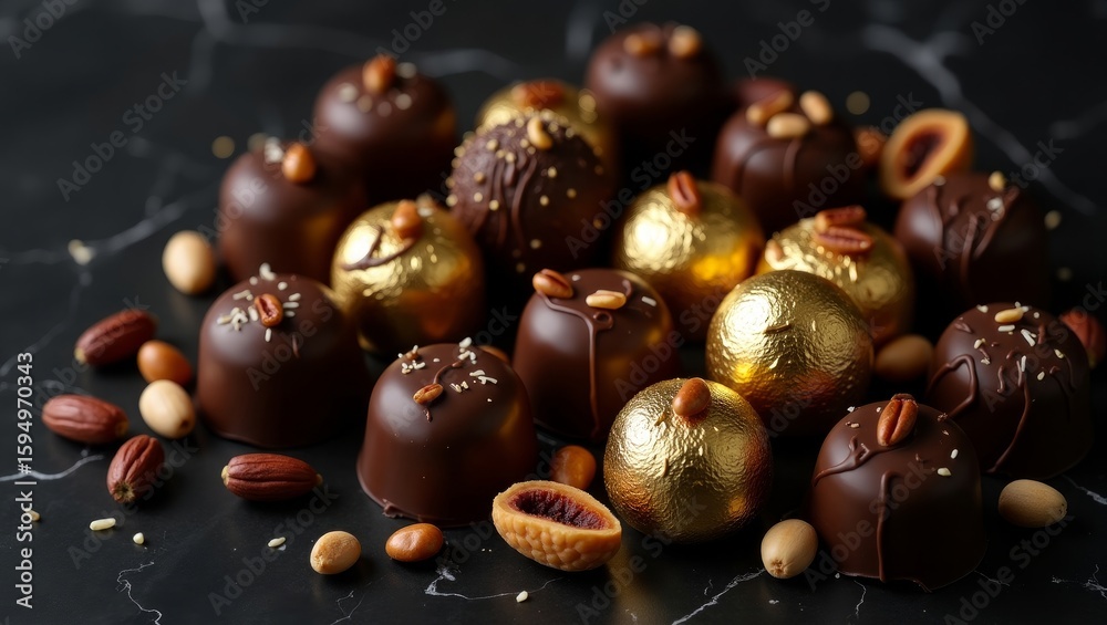 Naklejka premium Gourmet Chocolate Praline Set with Golden Wrappers – Premium Dessert Collection
