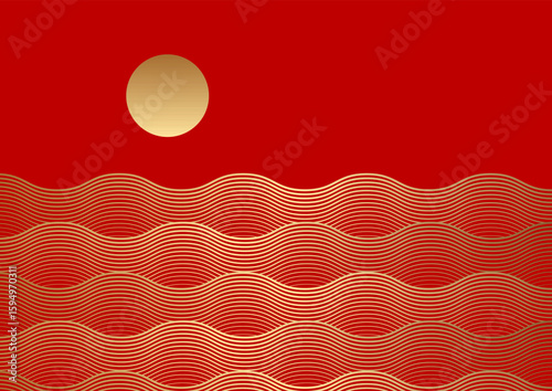 Minimal Japanese themed red and gold wave background 