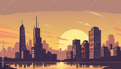 Vector Silhouette of Modern Cityscape in Golden Hour
