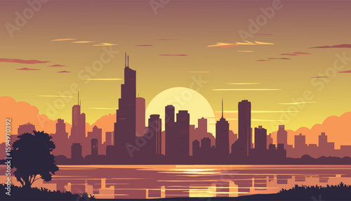 Vector Silhouette of Modern Cityscape in Golden Hour