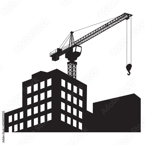 Black silhouette construction crane over buildings vector