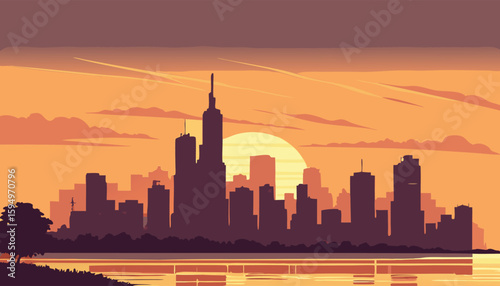 Vector Silhouette of Modern Cityscape in Golden Hour