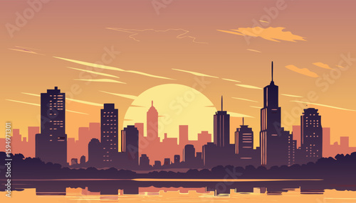 Vector Silhouette of Modern Cityscape in Golden Hour
