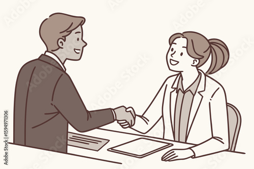 Business Job Interview concept. Vector cartoon illustration of a man in a suit and a woman at a desk shaking hands. Isolated on background.person, company, desk, employee, job, manager, meeting, 