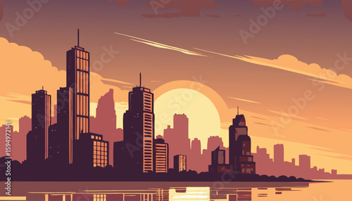 Vector Silhouette of Modern Cityscape in Golden Hour