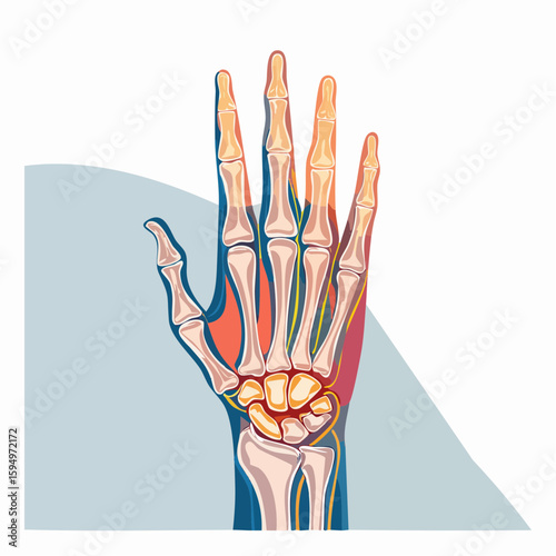 Anatomical Hand Diagram: A detailed medical illustration of a human hand, showcasing the skeletal structure, muscles, and circulatory system, with a focus on the intricacies of human anatomy.