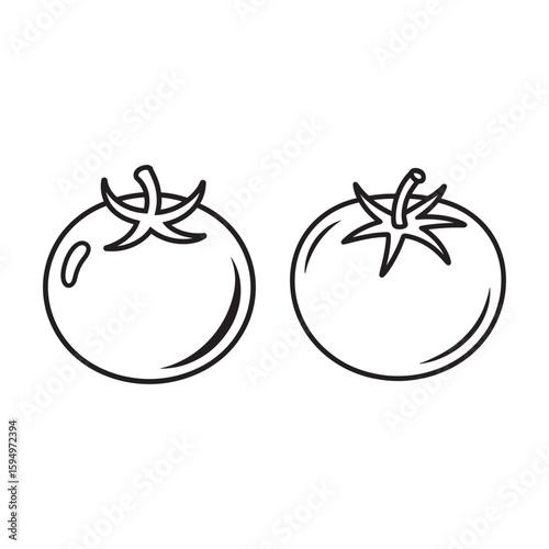 Two black and white illustrations of tomato line art