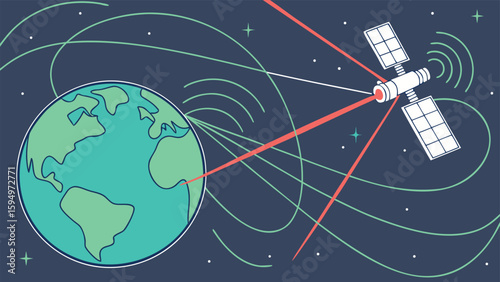 Illustration of earth with satellite in space transmitting signals and curved lines around the planet