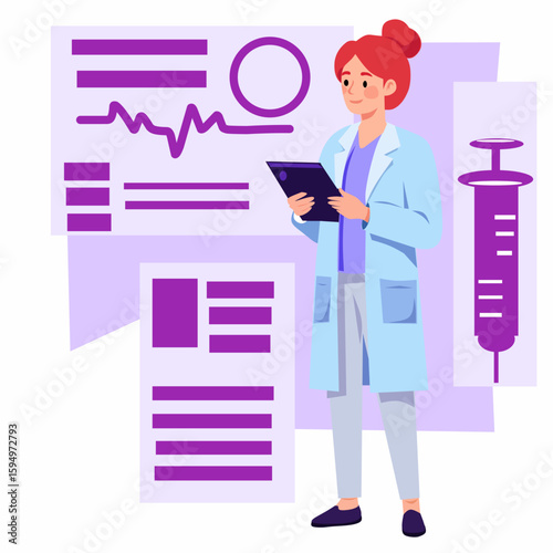 A female scientist or doctor with a clipboard and test results, alongside medical charts, a syringe, and laboratory equipment, depicting medical research or healthcare data analysis
