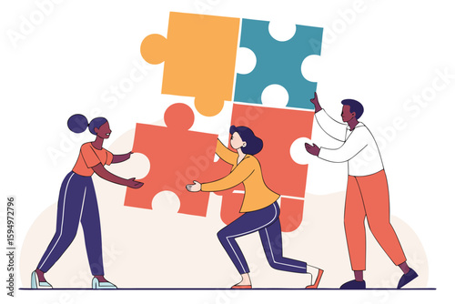 Business Teamwork concept. Contemporary flat style abstract vector illustration of a company of diverse people putting together a huge puzzle details.person, children, company, diverse, puzzle, 