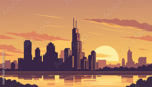 Vector Silhouette of Modern Cityscape in Golden Hour