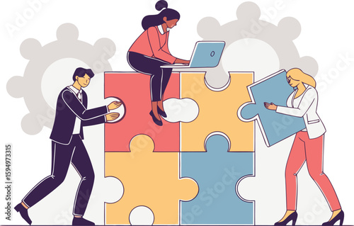 Business Teamwork Concept. Vector illustration in flat style of puzzle pieces with different people in business suits in each, performing various work tasks.analysis, brainstorming, businessperson,