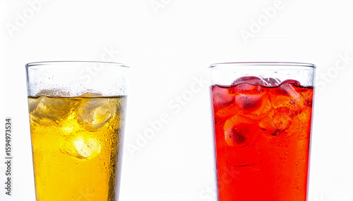 Cold fresh drinks isolated on white background with condensation effect, backlit glow and crisp framing