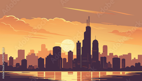 Vector Silhouette of Modern Cityscape in Golden Hour