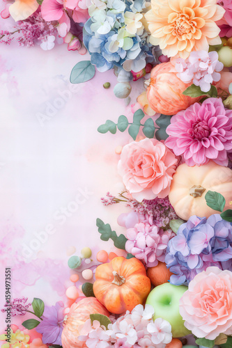 Vibrant Autumnal Floral Arrangement with Pumpkins and Fruits, space for text