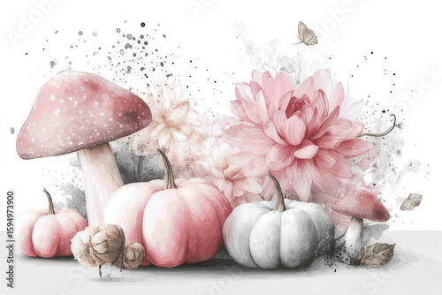 Delicate Watercolor Pumpkins and Mushrooms with Floral Accents